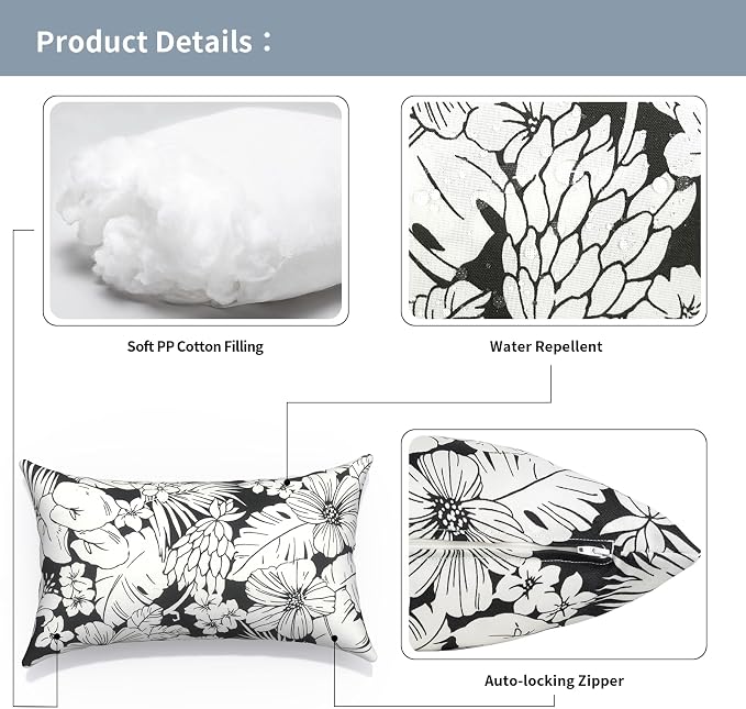 Outdoor Lumbar Pillows with Insert 12x20 Inch, Waterproof Throw Pillow for Patio Furniture, Decorative Lumbar Cushions for Garden Home Sofa Office Chair, Set of 2, Tropical Blossom Noir