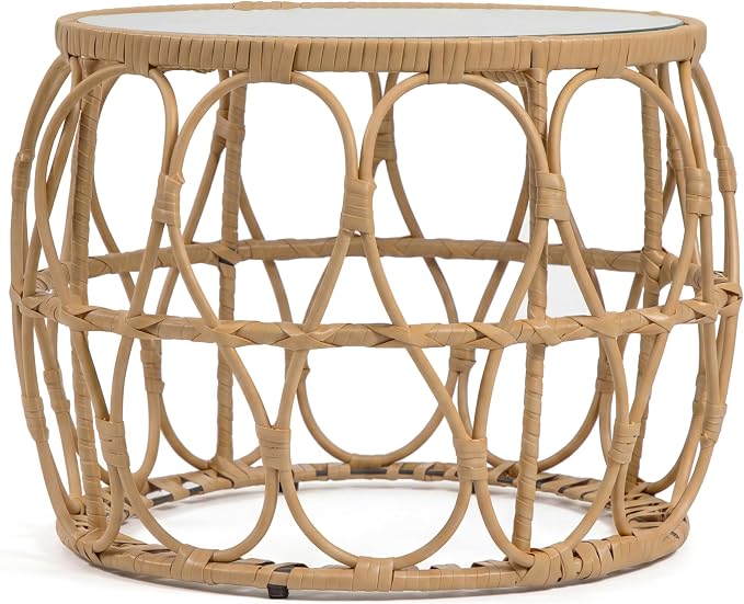 Furniture of America Ysar Boho Rattan Round Coffee Table Outdoor with 5mm Tempered Glass Top, All-Weather and Rust Resistant Patio Furniture