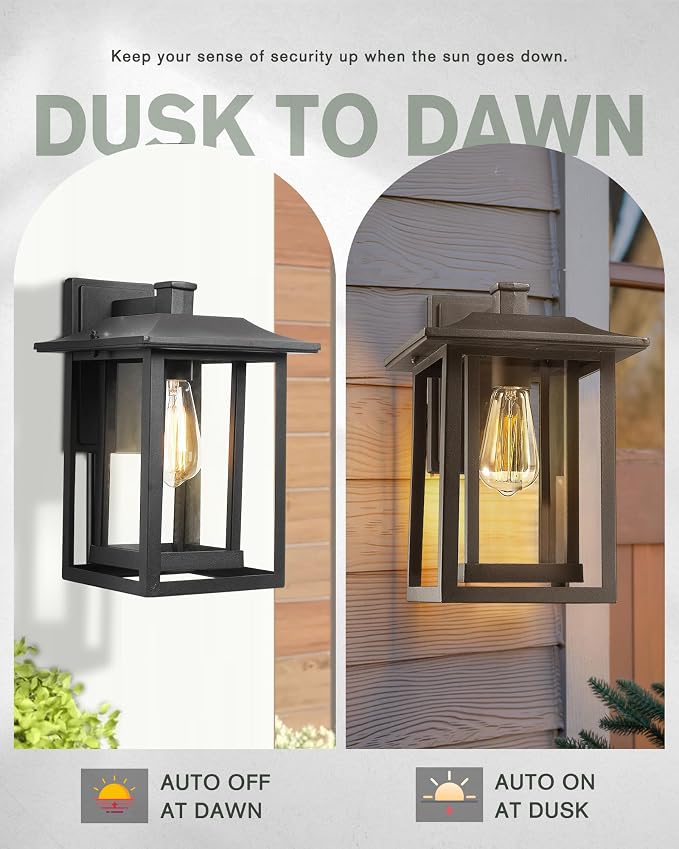 Beionxii Outdoor Light Fixture, Dusk to Dawn Exterior Wall Mount Lantern Outside Lights for House Porch Patio, Black Cast Aluminum w/Clear Glass (13.5" x 9") - A197W-2PK