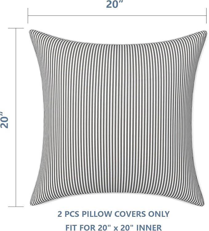 LVTXIII Outdoor/Indoor Pillow Covers, Patio Fade Resistant Throw Pillow Covers ONLY, Waterproof Farmhouse Accent Cushion Cases for Sofa Patio Couch Decoration 20"x20" Set of 2, Strip Grey