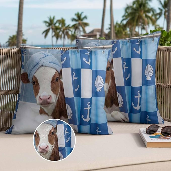 Bathing Cow Waterproof Outdoor Pillow Covers Set of 2 Home Decor, Funny Animal Showering Pillowcase Patio Pillow Covers for Couch Bench Patio Furniture Garden 26x26in