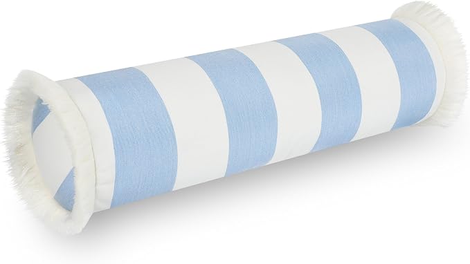 Hofdeco Premium Coastal Hampton Outdoor Performance Bolster Pillow Cover Only, 6"x20" Water Repellent, UV and Fade Resistant for Backyard, Couch, Poolside, Azure Blue Woven Beach Stripes
