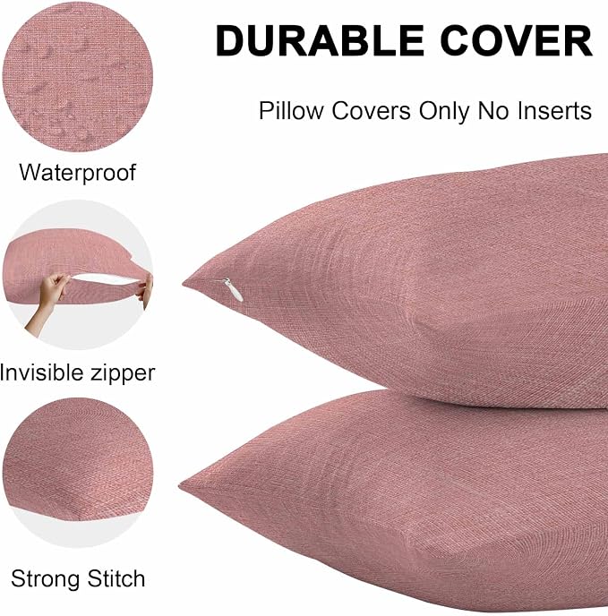 Vandarllin Outdoor Throw Pillows Covers 24x24 inch Set of 2 Waterproof Peach Pink Linen Decorative Zippered Cushion Covers for Patio Furniture, Farmhouse Pure Color Lumbar Pillowcases