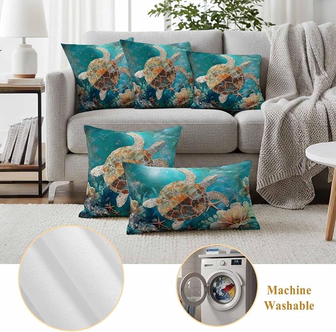 Ocean Turtle Outdoor Waterproof Throw Pillow Covers Set of 2, 26"x26", Marine Life Retro Starfish Coral Abstract Decorative Pillow Covers Outside Cushion Case for Patio Porch Garden