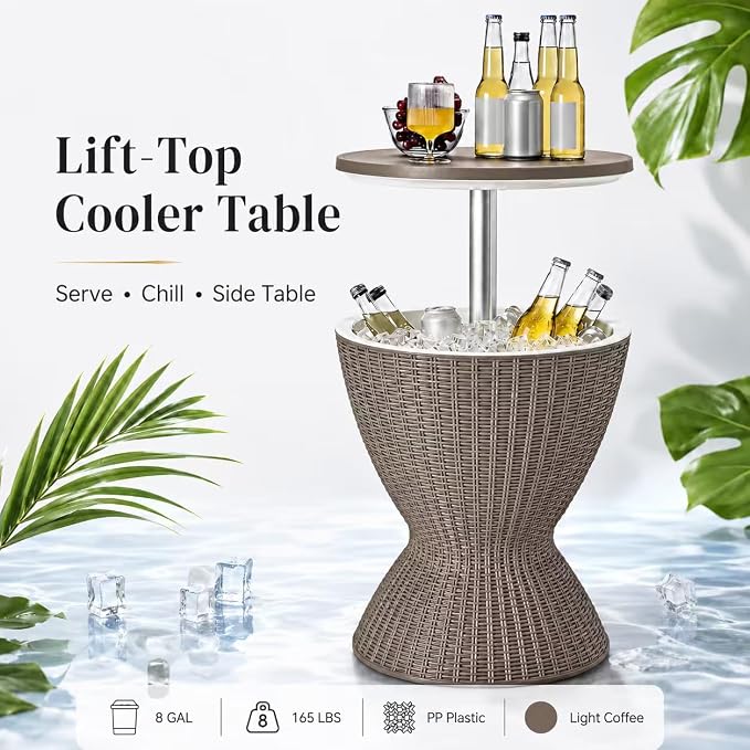 LDAILY Outdoor Cooler Table, Patio Cooler Table with 8 Gallon Capacity, Adjustable Height, Rattan Style Patio, Drain Plug, Cooler Side Table Outdoor for Poolside, Deck, BBQ & Parties(Light Brown)
