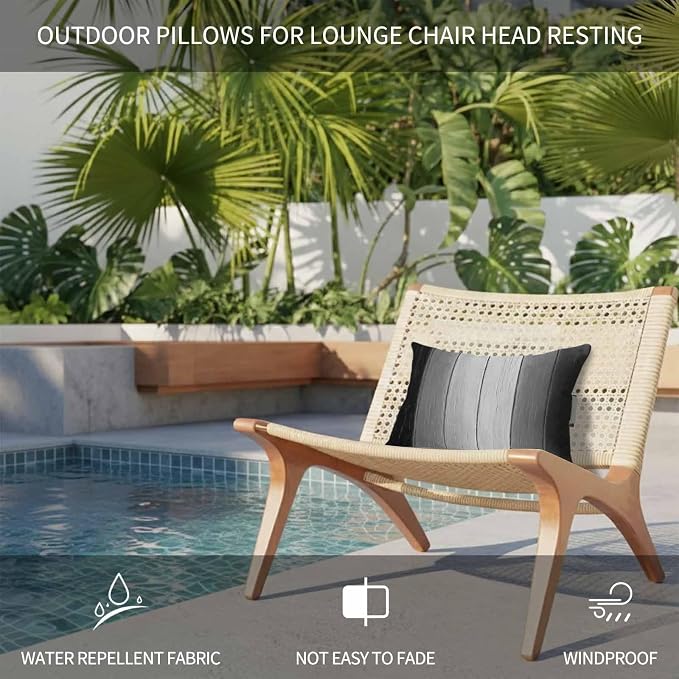 Black Gray Ombre Outdoor Pillows for Chaise Lounge Chair Beach Headrest Pillow Set of 2 Waterproof Lumbar Pillows with Insert&Strap Vintage Country Wooden Recliner Neck Pillow for Patio Pool 11"x16"
