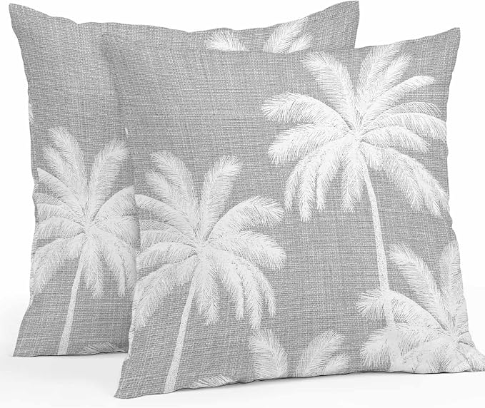 Outdoor Pillow Covers 20x20 Inch Set of 2, Grey Palm Trees Waterproof Throw Pillow Covers, Farmhouse Tropical Summer Beach Decorative Cushion Pillowcases for Couch, Sofa, Bed, Garden, Patio