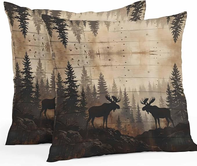 Nature Landscape Outdoor Waterproof Pillow Covers Pack of 2, Rustic Moose Forest Pine Silhouettes Wildlife Throw Pillowcases Decorative Cushion Covers for Garden Patio Tent Sofa Couch, 18x18 inch