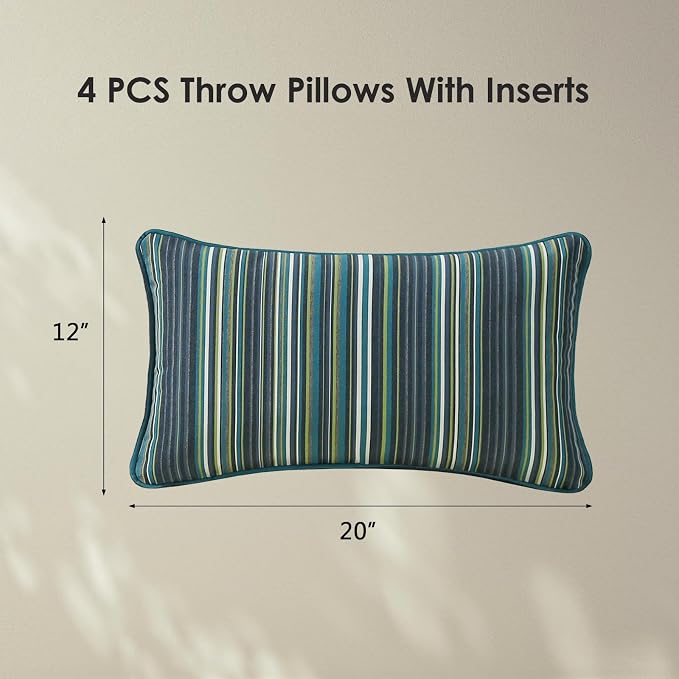 Unimatta Sunbrella Decorative Outdoor Water Repellent Throw Pillows with Inserts, Set of 4, 20" x12" Pillows for Patio, Backyard, Bed, Couch, and Patio Furniture, Beach Stripe Lagoon
