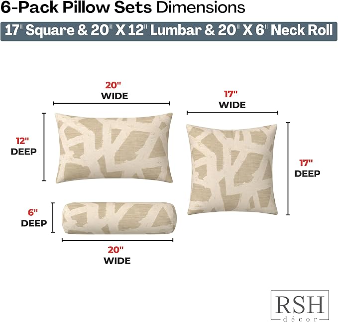 RSH DECOR: 6-Pack Pillow Set | Sunbrella Performance Fabric |Water & Fade-Resistant| 17" Square, 20"x12" Lumbar, 20"x6" Neck Roll | Outdoor Pillows for Patio Furniture | Made in USA (Draft Parchment)