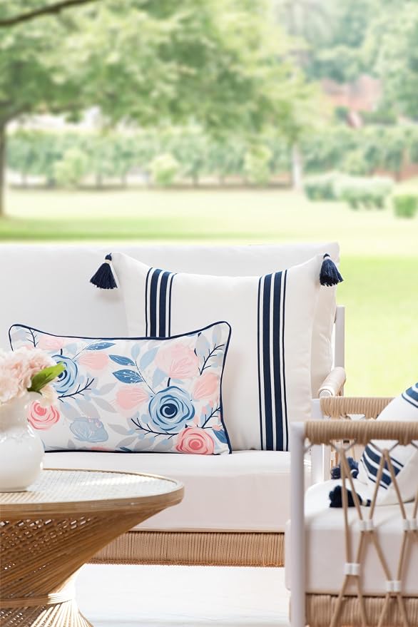 Hofdeco Premium Coastal Patio Indoor Outdoor Throw Pillow Cover Only, 20"x20" Water Repellent for Backyard, Couch, Navy Blue Embroidered Stripes with Tassels
