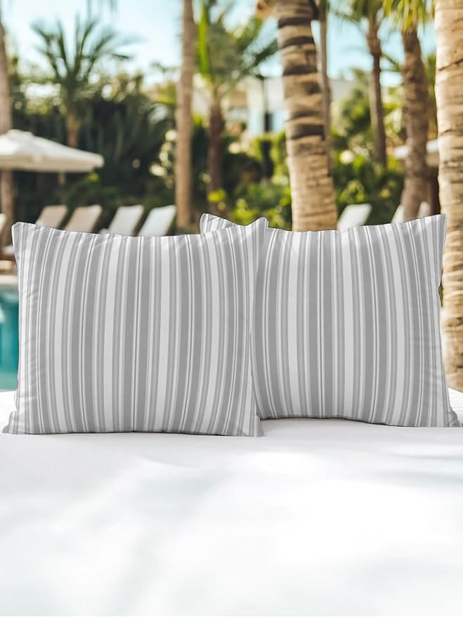Waterproof Outdoor Pillow Set of 2 Grey Stripes Decorative Throw Pillows Cover & Insert 18x18 Inch Pillowcase White Lines Lines Square Pillows for Couch Sofa Bed Patio Furniture Indoor Outdoor