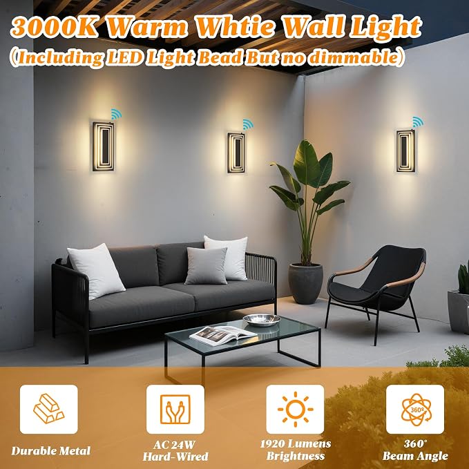 Dawn to Dusk Outdoor Light Fixture,Exterior Wall Light,15.7 in,24 W | 3-Tier Black Modern Outdoor Wall Sconce,Outdoor Lights For House,Front Door, Patio, Waterproof, LED 3000K Warm White, 2 Packs