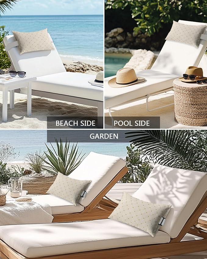 Outdoor Pillows Waterproof Covers Set of 2, Ivory Diamond Pattern Adjustable Elastic Chaise Lounge Head Resting Pillows, Geometric Plaid Lines Lumbar Pillow for Pool Beach Patio Furniture 11x16 Inch