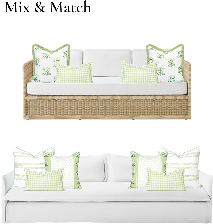 Hofdeco Premium Grandmillennial Coastal Hampton Patio Indoor Outdoor Lumbar Pillow Cover Only, 12"x20" Water Repellent for Backyard, Couch, Poolside, Grass Green Print Gingham