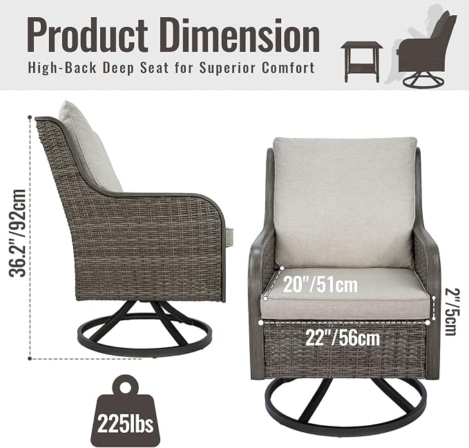 3 Pieces Patio Furniture Sets-Swivel Patio Chairs with High Back Cushions and Wicker Outdoor Side Table,All Weather Patio Conversation Set for Garden Backyard Porch Deck