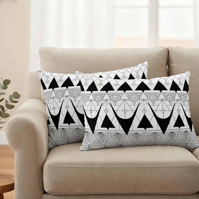 Lumbar Pillow Covers 20x12 Inch Set of 2, Black White Geometric Waterproof Outdoor Pillow Covers, Vintage Art Striped Decorative Cushion Pillowcases for Couch, Sofa, Bed, Garden, Patio