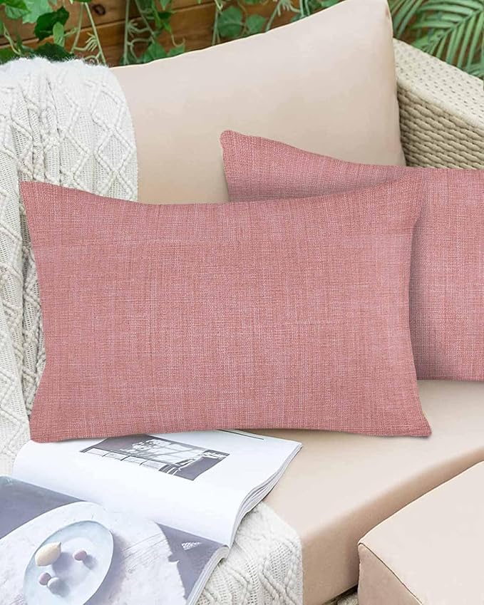 Vandarllin Outdoor Throw Pillows Covers 20x12 inch Set of 2 Waterproof Peach Pink Linen Decorative Zippered Cushion Covers for Patio Furniture, Farmhouse Pure Color Lumbar Pillowcases