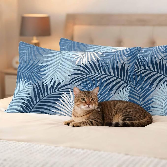 Outdoor Waterproof Throw Pillow Covers, Navy Blue Palm Leaves Decorative Pillow Cases, Summer Botanical Tropical Leaf Couch Pillow Protector Patio Sofa Cushion Covers Replacement 20"x12" 2 Pack