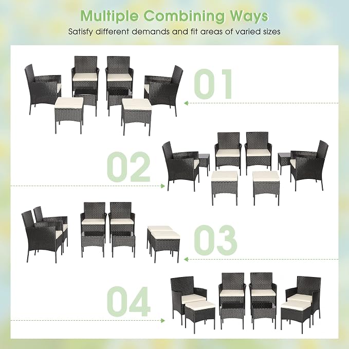 HAPPYGRILL 8 Piece Patio Furniture Set Outdoor Rattan Wicker Sofa Set with 2 Coffee Tables & 2 Ottomans, Rustproof Metal Frame, Soft Seat Cushions, Patio Wicker Conversation Set for Backyard Poolside