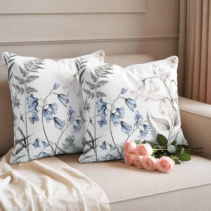 Throw Pillow Covers 24x24 Inch Set of 2, Blue Beige Floral Waterproof Outdoor Pillow Covers, Farmhouse Botanical Decorative Cushion Pillowcases for Couch, Sofa, Bed, Garden, Patio