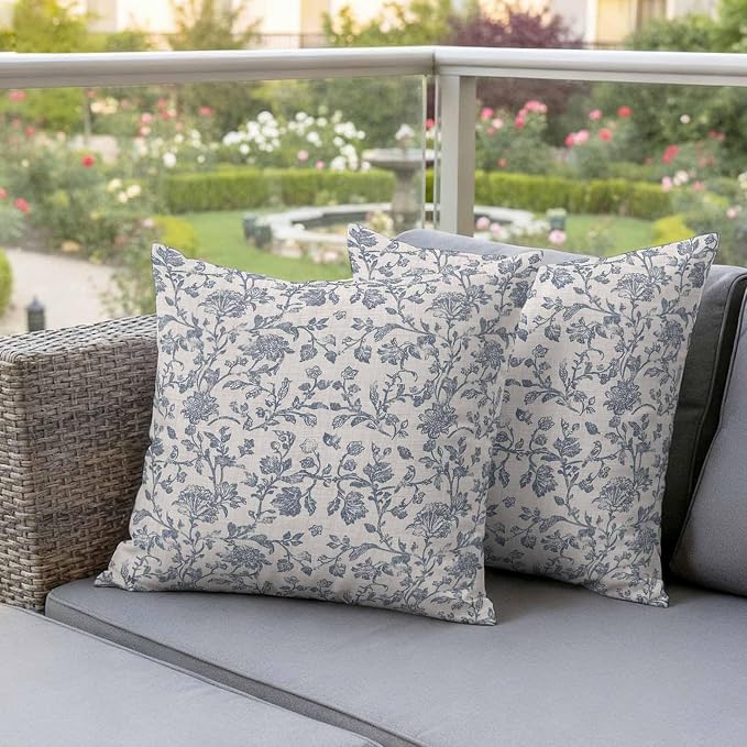 Blue Floral Waterproof Outdoor Pillow Covers 26''x26'' Set of 2, Farmhouse Vintage Botanical Patio Furniture Flower Cushion Covers for Chairs, Decorative Spring Pastoral Pillow Cases for Garden/Pool