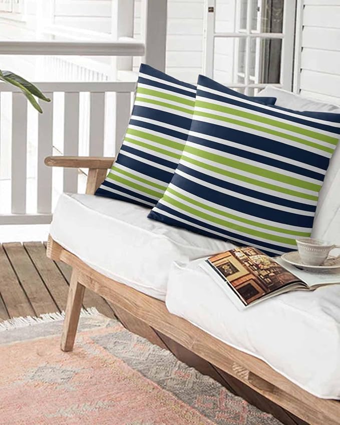 Outdoor Waterproof Throw Pillows Navy Blue Green Stripe Patio Pillows Pack of 2,Decorative Pillow Covers with Insert,Pillow Cushion Case for Garden Couch Sofa White Line