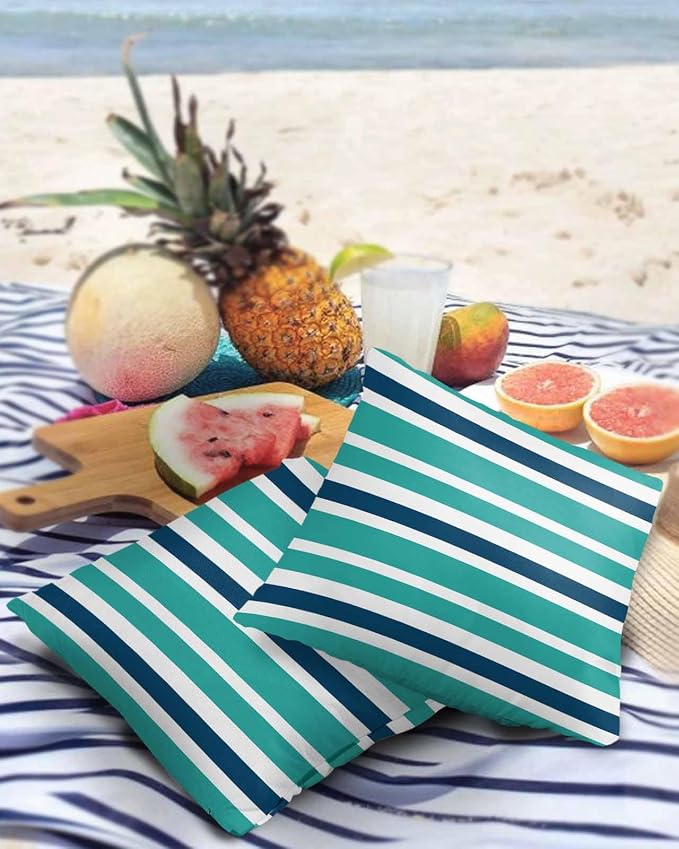 Outdoor Waterproof Throw Pillow Covers Set of 2 Navy Blue Turquoise Stripes Decorative Outdoor Pillows Cushion Case 18x18 Inch Teal Striped Patio Pillows for Couch Sofa Bed Garden Office Home Decor