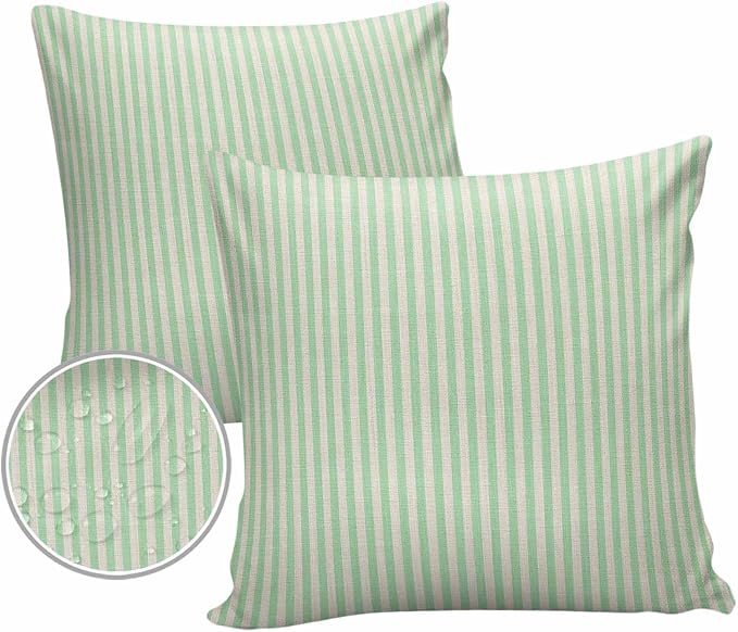 Outdoor Waterproof Throw Pillow Covers Set of 2 Green Stripes Pillowcases 24x24 Inches Linen Classic Vertical Striped Patio Decorative Pillows Cushion Case Patio Pillows for Couch Bed Chair Garden