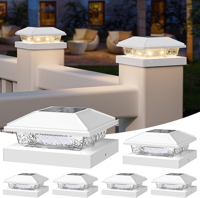 Solar Post Cap Lights,4x4 Post Solar Lights,Warm White,6 Pack White | Fence Post Solar Lights for 4x4 Post Caps Wood Vinyl &5x5 Vinyl Post,IP64 Waterproof Solar Post Lights Outdoor for Deck