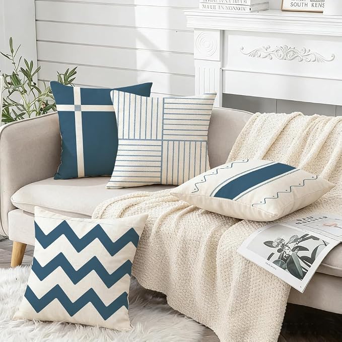 RABUSOFA Outdoor Pillow Covers Waterproof 20x20 Set of 4 Blue Modern Decor | Chevron Zigzag,Not Insert,Waterproof Fabric,Machine Washable,Invisible Zipper,Decoration for Patio Furniture Sunbrella Couch