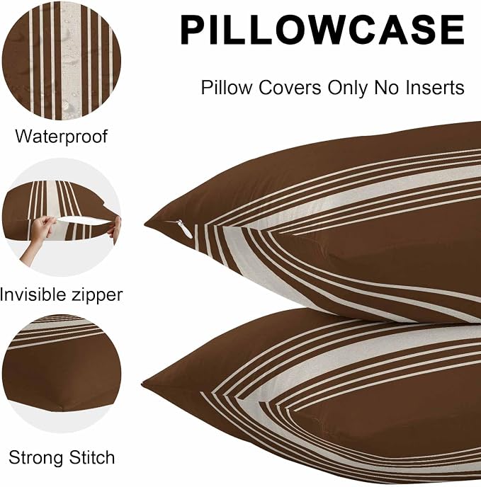 Brown Beige Striped Outdoor Pillow Covers 24x24 Inch Throw Pillow Covers Set of 2 Waterproof Decorative Pillow Cases Modern Farmhouse Retro Lines Cushion Covers for Patio Furniture Garden Couch Sofa