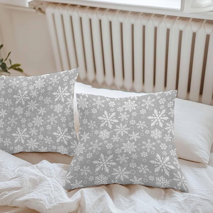 Outdoor Waterproof Throw Pillow Covers, Merry Christmas and Happy New Year Winter Snowfalke Geometric Pattern Gray Pillowcases Cushion Covers Cases for Patio Couch Bench, Pack of 2 Square, 20X20 Inch