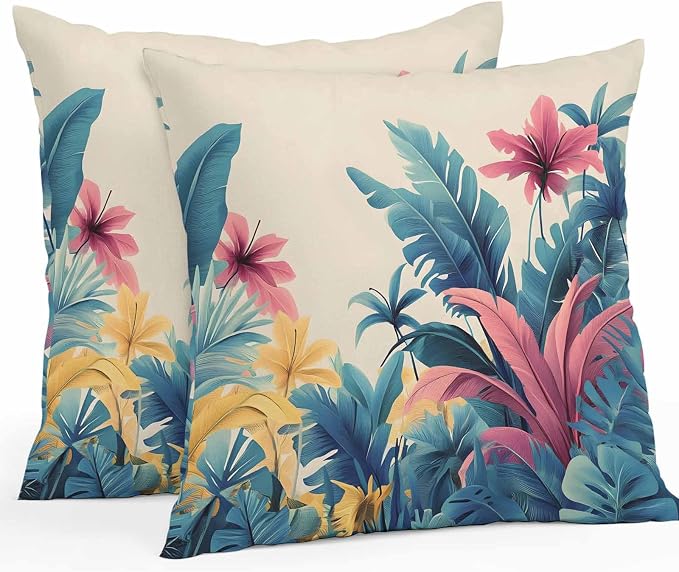 Summer Tropical Leaves Waterproof Outdoor Pillow Covers Set of 2 Home Decor, Farmhouse Botanical Plants Pillowcase Patio Pillow Covers for Couch Bench Furniture Garden 24x24in