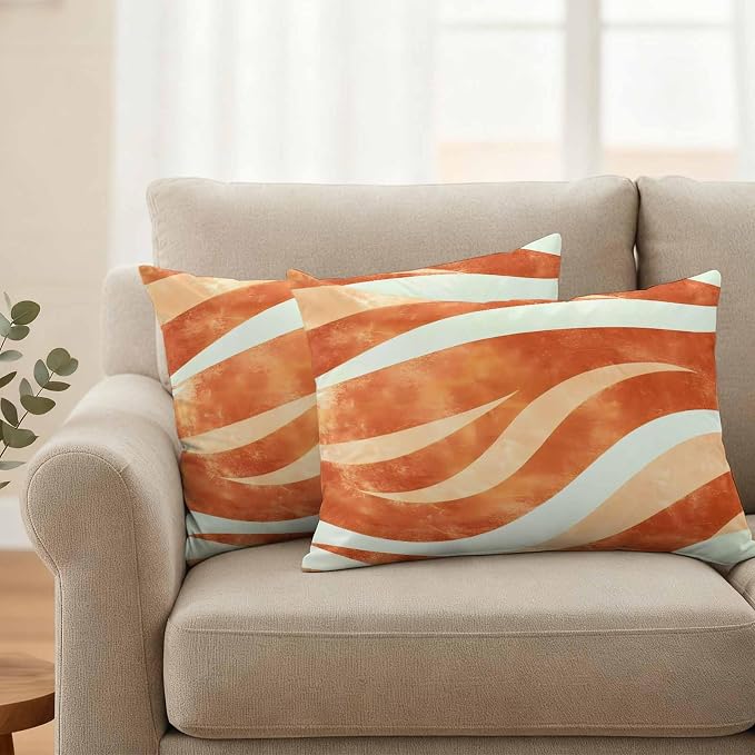Burnt Orange Waves Waterproof Outdoor Pillow Covers Set of 2 Home Decor, Ombre Sea Ripples Shabby Beach Pillowcase Patio Pillow Covers for Couch Bench Furniture Garden 20x12in
