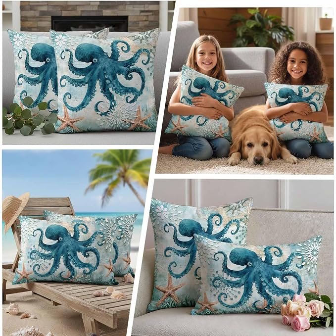 Ocean Creature Outdoor Waterproof Throw Pillow Covers Set of 2, 18"x18", Eight Pawfish Corals Sea Stars Decorative Pillow Covers Outside Cushion Case for Patio Porch Garden