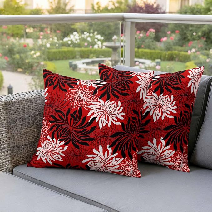 Yukro Red Black Floral Outdoor Waterproof Pillow Covers Pack of 2, Vintage White Black Flower Red Decorative Throw Pillowcases Cushion Covers for Garden Patio Tent Sofa Couch, 26x26 inch