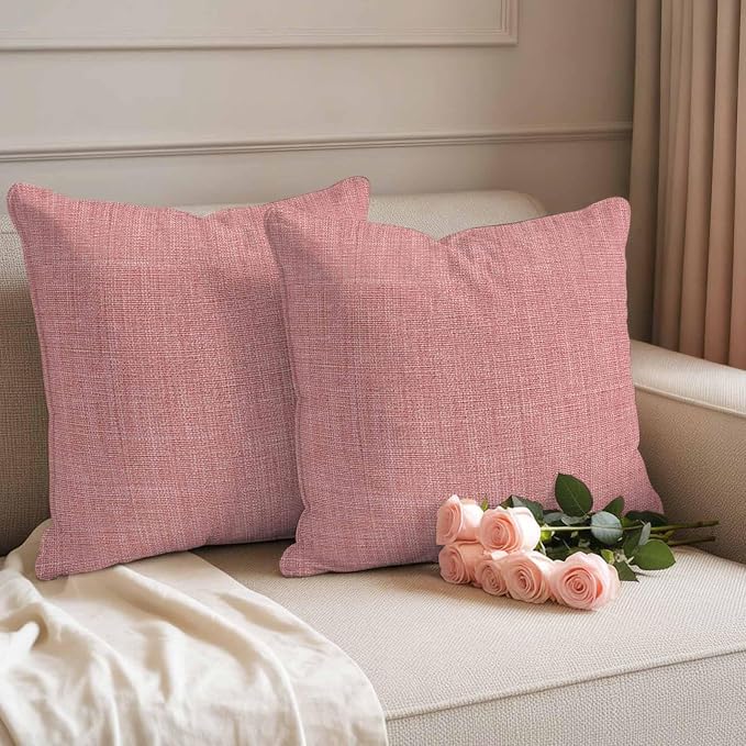 Outdoor Waterproof Throw Pillow Covers Set of 2 Peach Pink Linen Pillowcases 16x16 Inches Farmhouse Pure Color Decorative Pillows Cushion Case Patio Pillows for Couch Bed Chair Garden