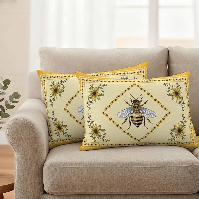 Sunflowers and Bee Outdoor Pillow Covers Set of 2, Farmhouse Retro Floral Decorative Waterproof Throw Pillow Case, Animal Honeybee Cushion Pillowcases for Couch Garden Patio 20x12In