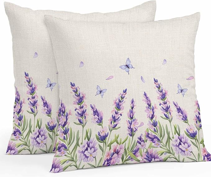Vandarllin Outdoor Throw Pillows Covers 24x24 inch Set of 2 Waterproof Purple Lavender Flower Decorative Zippered Cushion Covers for Patio Furniture, Butterfly Floral Linen Lumbar Pillowcases