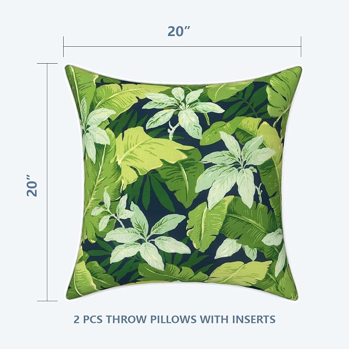 LVTXIII Outdoor Throw Pillows 20x20 Patio Waterproof Square Pillows with Piping Fade Resistant Accent Pillow for Spring Summer Garden Decoration, Set of 2, Jungle Leaves