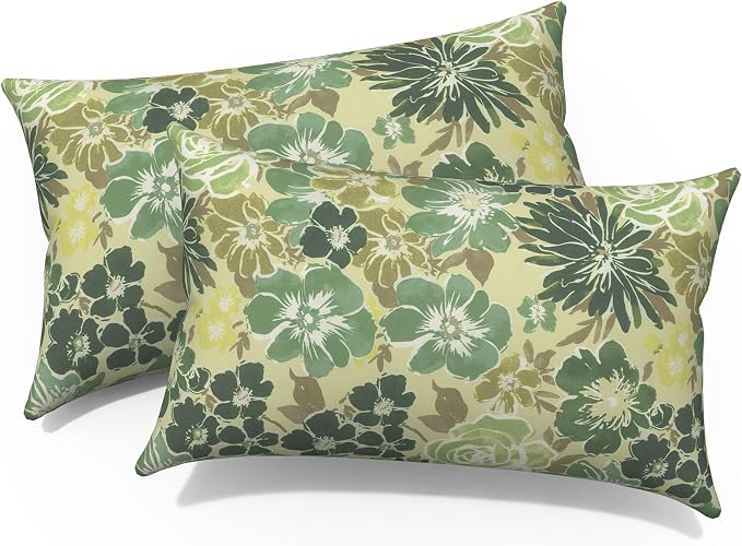 12x20 Inch Outdoor Lumbar Pillow Covers Pack of 2, All Weather Cushion Pillow Cases, Pillowcase for Patio Couch Decoration, Green Rose