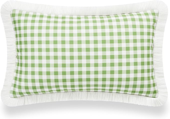 Hofdeco Premium Coastal Patio Indoor Outdoor Lumbar Pillow Cover Only, 12"x20" Water Resistant for Backyard, Couch, Green Gingham Fringe
