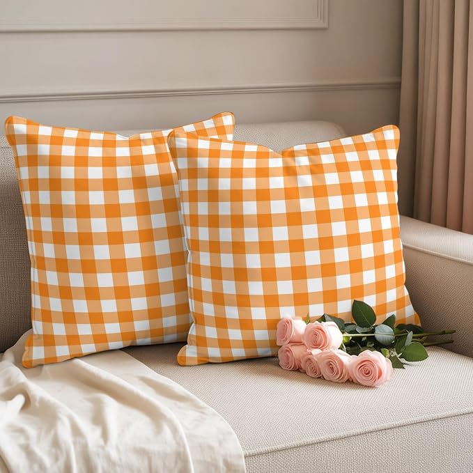 Orange Checks Outdoor Pillow Covers 18"x18" Set of 2, White Gingham Plaid Abstract Modern Summer Waterproof Throw Pillow Covers for Patio Furniture, Decorative Cushion Covers for Porch