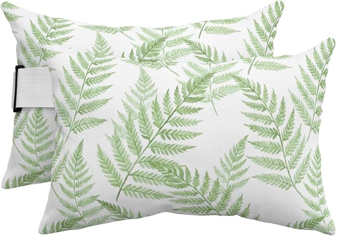 Lumbar Pillow Covers Set of 2, Green Ferns Waterproof Outdoor Chaise Lounge Pillow Covers with Elastic Strap, Spring Summer Botanical Leaves Headrest Pillowcase for Patio, 11 x 16