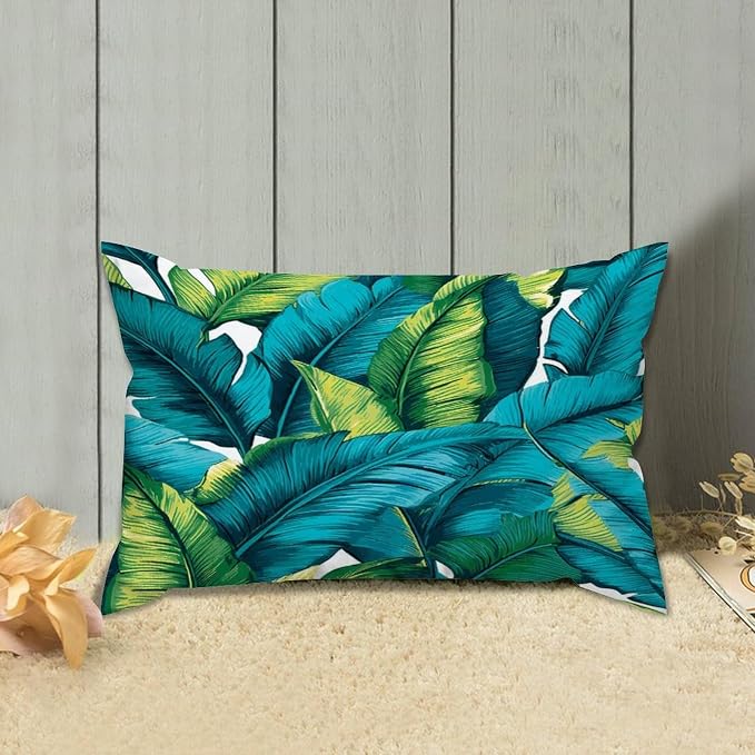 Set of 2 Turquoise Lime Green Teal Blue Aqua Tropical Plants Pillow Cases 12x18in Cushion Covers Farmhouse Pillows Covers for Couch Living Room Office Soft Rectangle Accent Pillowcase for Kids