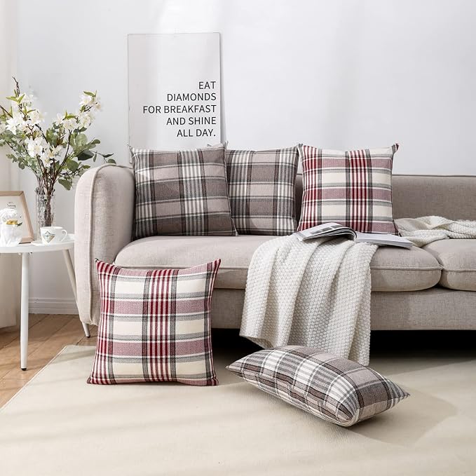 Brown Plaid Farmhouse Decorative Throw Pillow Covers 16x16 for Couch Sofa | Set of 2, Fall Winter Pillow Covers 16 x 16, Cottage Core Decor, Vintage Neutral Rustic, Brown Tan Khaki Gingham Checkered