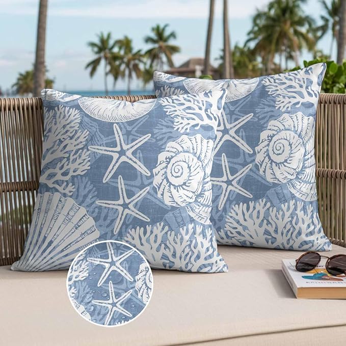 Outdoor Pillow Covers 18x18 Inch Set of 2, Lake Blue Starfish Coastal Waterproof Throw Pillow Covers, Summer Coral Shell Beach Nautical Decorative Cushion Pillowcases for Couch Sofa Bed Garden Patio