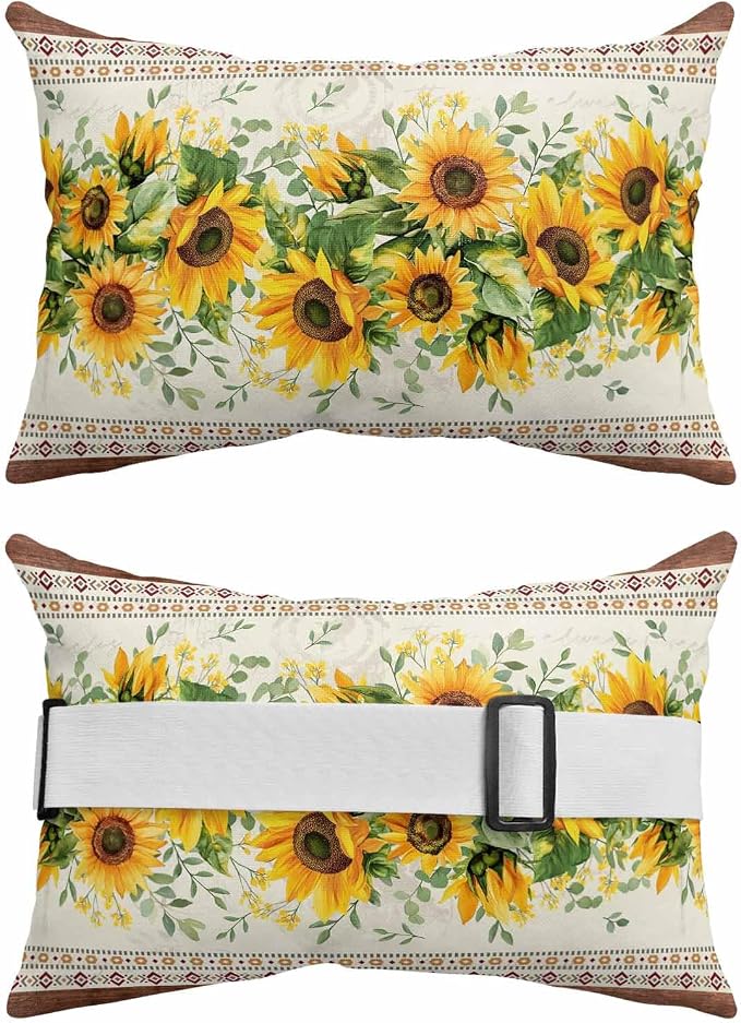 Farmhouse Sunflower Outdoor Lumbar Pillow Covers 11"x16" Set of 2, Decorative Throw Pillow Covers for Patio, Beige Brown Vintage Floral Botanical Waterproof Cushion Case for Pool Beach Chair