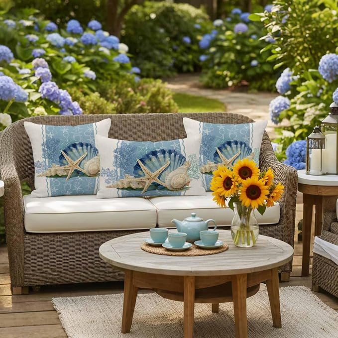 Coastal Oceans Waterproof Outdoor Pillow Covers Set of 2 Home Decor, Summer Beach Corals Shells Starfish Cotton Linen Pillowcase Patio Pillow Covers for Couch Bench Furniture Garden 18x18in